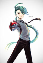 Rule 34 | 1girl, ahoge, bright pupils, buttons, collared shirt, commentary request, creatures (company), earrings, frown, game freak, gloves, green hair, hand on own hip, holding, holding poke ball, jewelry, k-suwabe, legs apart, long hair, looking at viewer, necktie, nintendo, orange eyes, pants, parted lips, poke ball, poke ball (basic), pokemon, pokemon sv, ponytail, rika (pokemon), shirt, signature, solo, suspenders, white background, white pupils
