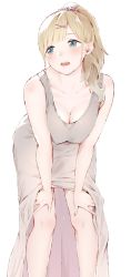 Rule 34 | 1girl, bare shoulders, blonde hair, blue eyes, breasts, cleavage, collarbone, hair tie, hands on own knees, highres, large breasts, leaning forward, long hair, manatsuki manata, open mouth, original, ponytail, scrunchie, simple background, solo, standing, white background