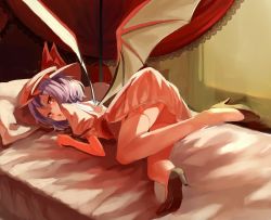 Rule 34 | 1girl, :o, bare back, bat wings, bed, female focus, hat, high heels, looking at viewer, lying, on back, pumps, purple hair, red eyes, remilia scarlet, shoes, short hair, solo, thighhighs, touhou, tsurime, wings, yasumo (kuusouorbital)