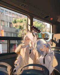 Rule 34 | 2girls, absurdres, ako (blue archive), black horns, black necktie, blue archive, blue hair, blue halo, blush, breasts, bus interior, cardigan, closed eyes, closed mouth, collared shirt, flat chest, halo, highres, hina (blue archive), horns, kuren kren, large breasts, long hair, multiple girls, necktie, open mouth, purple eyes, shirt, white hair, white shirt, yellow cardigan