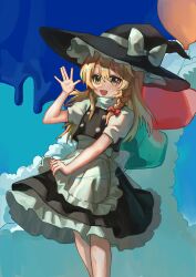 Rule 34 | 1girl, absurdres, apron, black hat, black skirt, black vest, blonde hair, bow, braid, commentary, frilled apron, frilled hat, frilled skirt, frills, hair bow, hand up, hat, hat bow, highres, kirisame marisa, long hair, open mouth, puffy short sleeves, puffy sleeves, qiyu yun zhizhong, red bow, shirt, short sleeves, single braid, skirt, smile, solo, touhou, vest, waist apron, white apron, white bow, white shirt, witch hat, yellow eyes