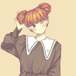 Rule 34 | 1girl, absurdres, arm up, blunt bangs, blush, brown eyes, double bun, hair bun, highres, long sleeves, looking at viewer, one eye closed, shadow, shanxin (the legend of luoxiaohei), simple background, smile, solo, tan background, luo xiaohei zhanji, uutasong