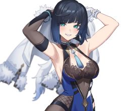Rule 34 | 0-toki, 1girl, armpits, arms up, bad id, bad twitter id, bangle, bare shoulders, bead bracelet, beads, black hair, blue hair, blush, bob cut, bracelet, breasts, choker, cleavage, cleavage cutout, clothing cutout, coat, dark blue hair, diagonal bangs, dice, dot nose, elbow gloves, fishnets, fur-trimmed coat, fur trim, genshin impact, gloves, gradient hair, green eyes, grin, highres, holding, holding clothes, jewelry, large breasts, mole, mole on breast, multicolored hair, neck tassel, short hair, simple background, single elbow glove, smile, solo, turtleneck, white background, white gloves, yelan (genshin impact)