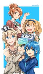 Rule 34 | 10s, 4girls, absurdres, aquila (kancolle), arm up, asymmetrical hair, blonde hair, blue eyes, blue hair, blue necktie, braid, brown eyes, brown hair, crown, dress, duralu500, french braid, green ribbon, hairband, high ponytail, highres, i-26 (kancolle), jewelry, kantai collection, light brown hair, long hair, minazuki (kancolle), mini crown, multiple girls, name tag, necklace, necktie, new school swimsuit, off-shoulder dress, off shoulder, one eye closed, open mouth, placard, ponytail, ribbon, school swimsuit, school uniform, serafuku, short hair, sign, smile, swimsuit, two-tone hairband, two side up, warspite (kancolle)