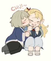 Rule 34 | 2girls, :d, baggy pants, black pants, blonde hair, blue capelet, blue jacket, boots, braid, capelet, chibi, closed eyes, commentary, dungeon meshi, elf, english commentary, falin touden, highres, jacket, kiss, kissing cheek, kizeshoe, light blush, light brown hair, long hair, marcille donato, medium hair, multiple girls, open mouth, pants, pointy ears, ponytail, red ribbon, ribbon, sandals, smile, twin braids, white background, white pants, yuri