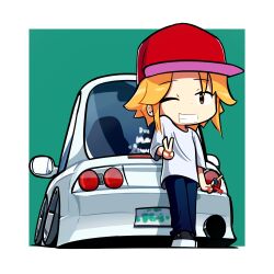 Rule 34 | 1girl, absurdres, baseball cap, black footwear, blonde hair, blue pants, car keys, commentary, duz, english commentary, furuda keiko (duz), green background, hat, highres, looking at viewer, nissan, nissan skyline, nissan skyline r33, one eye closed, original, pants, red hat, shadow, shoes, short hair, smile, sneakers, solo, stance (vehicle), v, vehicle focus
