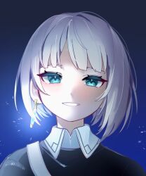 Rule 34 | blue eyes, close-up, collared shirt, earrings, ender magnolia bloom in the mist, highres, jewelry, lilac (ender magnolia), looking at viewer, makotono nasu, parted lips, shirt, short hair, single earring, smile, solo, white hair