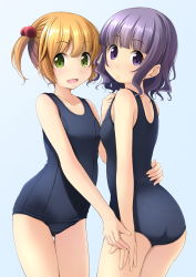 Rule 34 | 2girls, ass, blue background, blue one-piece swimsuit, bob cut, brown hair, cowboy shot, flat chest, green eyes, hair bobbles, hair ornament, highres, looking at viewer, multiple girls, old school swimsuit, one-piece swimsuit, original, purple eyes, purple hair, school swimsuit, shibacha, simple background, smile, standing, swimsuit, twintails, wavy hair