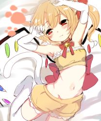 Rule 34 | 1girl, :3, animal ears, armpits, arms up, bare shoulders, bed sheet, bell, blonde hair, bloomers, blush, bow, cat ears, cat tail, choker, closed mouth, crop top, crystal, elbow gloves, fang, fang out, flandre scarlet, from above, gloves, hair ribbon, kemonomimi mode, looking to the side, lying, midriff, navel, no headwear, on back, one side up, paragasu (parags112), red bow, red eyes, red ribbon, ribbon, ribbon choker, short hair, shorts, side ponytail, smile, solo, stomach, tail, thighhighs, touhou, underwear, white gloves, white thighhighs, wings