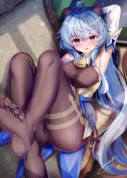 Rule 34 | 1girl, absurdres, ahoge, arm up, armpits, bell, black leotard, black pantyhose, blue gloves, blue hair, blush, bodystocking, bow, breasts, cameltoe, commentary request, couch, detached sleeves, feet, foot out of frame, ganyu (genshin impact), genshin impact, gloves, gold trim, highres, horns, knees up, legs, leotard, leotard under clothes, long hair, looking at viewer, lying, medium breasts, neck bell, no shoes, on back, open mouth, pantyhose, purple eyes, sidelocks, signature, soles, solo, takemura kou, tassel, thighlet, thighs, toes, white sleeves