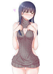 Rule 34 | 1girl, absurdres, backless dress, backless outfit, bare arms, bare shoulders, blue hair, blush, boku no kokoro no yabai yatsu, breasts, breasts squeezed together, brown eyes, cleavage, cleavage cutout, closed mouth, clothing cutout, cowboy shot, dark blue hair, dress, gluteal fold, grey sweater, hands up, heart, heart cutout, highres, large breasts, long hair, meme attire, naked sweater, ribbed sweater, sacra (sacrabokuyaba), sideboob, simple background, sleeveless, sleeveless sweater, sleeveless turtleneck, solo, sweater, sweater dress, thigh gap, turtleneck, turtleneck sweater, virgin killer sweater, white background, yamada anna