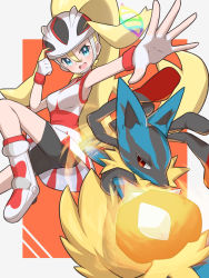 Rule 34 | 1girl, bike shorts, black shorts, blonde hair, blue eyes, blush, commentary request, creatures (company), dress, game freak, gen 4 pokemon, gloves, hair between eyes, hand up, helmet, highres, korrina (pokemon), long hair, lucario, mega lucario, mega pokemon, nintendo, nuneno, open mouth, outstretched arm, pokemon, pokemon (anime), pokemon (creature), pokemon xy (anime), roller skates, shorts, skates, spread fingers, teeth, tongue, two-tone background, upper teeth only, white gloves