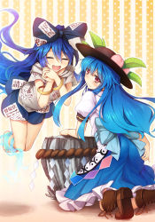 Rule 34 | 2girls, :d, ^ ^, ass, bangle, bare legs, barefoot, black hat, blue bow, blue hair, blue sash, blue skirt, blush, boots, bow, bracelet, brown footwear, chima q, closed eyes, commentary request, debt, facing viewer, feet out of frame, floating, food, from behind, fruit, full body, grey hoodie, hair between eyes, hair bow, hands up, hat, head tilt, highres, hinanawi tenshi, hood, hoodie, jewelry, keystone, kneeling, leaf, long hair, looking back, miniskirt, multiple girls, open mouth, outline, own hands together, peach, petticoat, puffy short sleeves, puffy sleeves, red eyes, rock, rope, sash, shadow, shide, short sleeves, skirt, smile, striped, striped background, thighs, touhou, vertical stripes, very long hair, white background, white outline, yellow background, yorigami shion