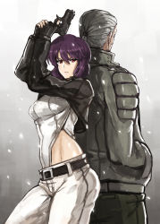 Rule 34 | 1boy, 1girl, arms up, back-to-back, batou (gits), belt, bodysuit, cowboy shot, cropped jacket, ghost in the shell, gun, hands in pockets, highres, kusanagi motoko, leotard, lips, looking at viewer, madarame, midriff, parted lips, ponytail, purple hair, red eyes, short hair, weapon