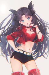Rule 34 | black hair, blue eyes, fate/stay night, fate (series), hand on own hip, highres, jacket, long hair, official alternate costume, red jacket, solo, standing, suna co, thighhighs, thighs, tohsaka rin, twintails