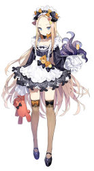 Rule 34 | 1girl, abigail williams (fate), apron, black bow, black dress, black footwear, blonde hair, bloomers, blue eyes, blush, bow, breasts, brown thighhighs, cup, dress, drinking glass, fate/grand order, fate (series), forehead, frills, full body, hair bow, legs, long hair, long sleeves, looking at viewer, maid headdress, mary janes, multiple bows, namyo, orange bow, parted bangs, platform footwear, polka dot, polka dot bow, shoes, simple background, sleeves past fingers, sleeves past wrists, small breasts, solo, stuffed animal, stuffed toy, teddy bear, tentacles, thighhighs, underwear, white apron, white background, white bloomers