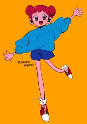 Rule 34 | 1girl, :d, alternate costume, anna (aannnaa3), arm up, blue shorts, blue sweater, copyright name, double bun, full body, hair bun, harukaze doremi, highres, long sleeves, looking at viewer, nail polish, ojamajo doremi, open mouth, outstretched arms, puffy long sleeves, puffy sleeves, red hair, red nails, shoes, short hair, shorts, simple background, smile, sneakers, solo, standing, standing on one leg, sweater, yellow background
