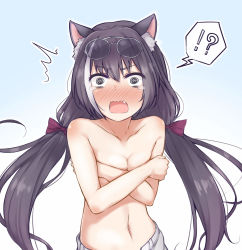 Rule 34 | !?, 1girl, @ @, ^^^, absurdres, animal ear fluff, animal ears, black eyes, black hair, blue background, blush, bow, breasts, cat ears, cat girl, cleavage, collarbone, covering breasts, covering privates, cowboy shot, crossed arms, embarrassed, eyewear on head, full-face blush, glasses, gradient background, grey-framed eyewear, hair bow, highres, hitotsuki no yagi, karyl (princess connect!), karyl (summer) (princess connect!), long hair, low twintails, multicolored hair, navel, princess connect!, purple bow, small breasts, solo, speech bubble, spoken interrobang, stomach, streaked hair, tearing up, tears, topless, twintails, two-tone hair, v-shaped eyebrows, very long hair, wavy mouth, white hair