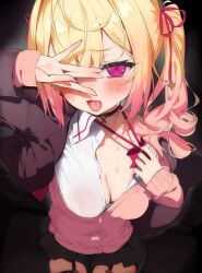 1girl absurdres adjusting_clothes adjusting_necktie black_choker black_skirt blazer blonde_hair blush bow bowtie breasts brown_jacket cardigan cardigan_vest choker cleavage collarbone covering_one_eye garter_straps gradient_hair hair_ribbon hand_over_eye hand_up highres hoshikawa_sara hoshikawa_sara_(4th_costume) jacket large_breasts looking_at_viewer loose_bowtie medium_breasts miniskirt multicolored_hair necktie nijisanji official_alternate_costume open_clothes open_jacket open_mouth orange_hair pink_cardigan pink_eyes pleated_skirt pomesaurus red_bow red_bowtie red_eyes ribbon school_uniform shirt skirt sleeves_past_wrists solo sweat tongue twintails undressing virtual_youtuber white_shirt