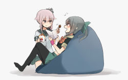 Rule 34 | 10s, 2girls, annin musou, bad id, bad pixiv id, bean bag chair, blunt bangs, book, bow, chicken (food), commentary request, eating, feeding, folded ponytail, food, green hair, grey eyes, hair bow, hair ornament, holding, holding book, holding food, kantai collection, knee up, kneeling, multiple girls, musical note, open book, open mouth, pantyhose, pink hair, pleated skirt, quaver, reading, school uniform, serafuku, short sleeves, side ponytail, sidelocks, sketch, skirt, white background, yura (kancolle), yuubari (kancolle)