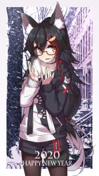 Rule 34 | 1girl, animal ear fluff, animal ears, bad id, bad pixiv id, black hair, black shorts, choker, collarbone, copyright name, glasses, hair between eyes, hair ornament, hairclip, highres, hololive, long hair, long sleeves, multicolored hair, nengajou, new year, ookami mio, ookami mio (casual), open mouth, paw print, paw print pattern, shorts, skyneko, solo, streaked hair, tail, tail wrap, virtual youtuber, wolf ears, wolf girl, wolf tail, yellow eyes