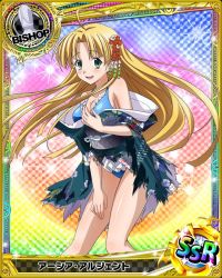 Rule 34 | 10s, 1girl, ahoge, asia argento, bishop (chess), blonde hair, blue background, blush, breasts, card (medium), character name, chess piece, green eyes, high school dxd, japanese clothes, kimono, long hair, official art, solo, swimsuit, thighhighs, torn clothes, trading card, very long hair