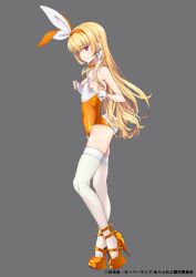 1girl absurdres animal_ears arifureta_shokugyou_de_sekai_saikyou blonde_hair bow bowtie breasts collarbone covered_navel detached_collar fake_animal_ears fake_tail hair_between_eyes high_heels highres leotard long_hair looking_at_viewer looking_to_the_side multicolored_leotard official_art orange_bow orange_bowtie orange_footwear playboy_bunny red_eyes simple_background small_breasts smile solo tail thighhighs white_thighhighs wrist_cuffs yue_(arifureta)