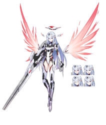 Rule 34 | 1girl, absurdres, angry, arms at sides, blue hair, blush, bodysuit, breasts, covered navel, dual wielding, energy wings, expressionless, expressions, full body, gun, halo, handgun, happy, highres, holding, holding gun, holding weapon, long hair, looking at viewer, mecha musume, mechanical halo, medium breasts, mytea (soso), original, purple eyes, rifle, sad, smile, solo, very long hair, weapon, white background