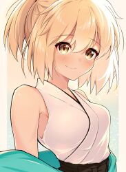 Rule 34 | 1girl, armpit peek, bare shoulders, blonde hair, chihiro illust, fate/grand order, fate (series), haori, highres, japanese clothes, koha-ace, off shoulder, okita souji, okita souji (fate), okita souji (koha-ace), ponytail, simple background, yellow eyes