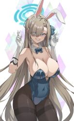 Rule 34 | 1girl, absurdres, animal ears, asuna (blue archive), asuna (bunny) (blue archive), bent v, black pantyhose, blue archive, blue bow, blue bowtie, blue eyes, blue halo, blue leotard, blue ribbon, bow, bowtie, breasts, cleavage, commentary, covered navel, cowboy shot, detached collar, fake animal ears, gloves, grin, hair over one eye, hair ribbon, halo, hands up, highleg, highleg leotard, highres, jorim, large breasts, leotard, light brown hair, long hair, looking at viewer, mole, mole on breast, official alternate costume, pantyhose, playboy bunny, rabbit ears, ribbon, simple background, smile, solo, strapless, strapless leotard, thighband pantyhose, traditional bowtie, very long hair, white gloves