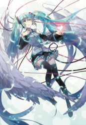 Rule 34 | 1girl, angel wings, aqua eyes, aqua hair, bare shoulders, detached sleeves, feathers, flying, hatsune miku, heart, highres, large wings, long hair, necktie, petticoat, rella, ribbon, skirt, solo, thighhighs, twintails, very long hair, vocaloid, wings, zettai ryouiki