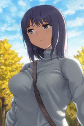 Rule 34 | 1girl, autumn leaves, between breasts, blue hair, blue sky, blue sweater, breasts, closed mouth, cloud, commentary request, day, hashi, looking away, medium breasts, original, outdoors, purple eyes, short hair, sky, solo, strap between breasts, sweater, tree, turtleneck, turtleneck sweater, upper body