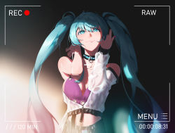 Rule 34 | 1girl, :3, absurdres, asymmetrical sleeves, blue eyes, blue hair, breasts, cleavage, closed mouth, collar, collarbone, floating hair, hatsune miku, highres, long hair, looking up, medium breasts, mi xiaoyou, midriff, recording, smile, solo, stomach, twintails, upper body, very long hair, vocaloid