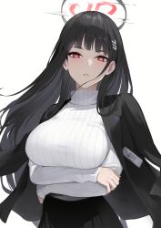 Rule 34 | 1girl, black hair, blazer, blazer on shoulder, blue archive, blunt bangs, blush, breasts, crossed arms, hair ornament, hairclip, halo, highres, hime cut, jacket, large breasts, long hair, looking at viewer, natsume yochiki, parted lips, pleated skirt, red eyes, ribbed sweater, rio (blue archive), simple background, skirt, sleeves past wrists, solo, sweater, turtleneck, turtleneck sweater, white background