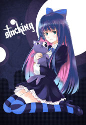 Rule 34 | 10s, 1girl, bad id, bad pixiv id, blue eyes, blue hair, character name, colored inner hair, dress, gothic lolita, hime cut, holding, lolita fashion, long hair, looking at viewer, matching hair/eyes, multicolored hair, nail polish, nr noir, panty &amp; stocking with garterbelt, pink hair, smile, solo, stocking (psg), striped clothes, striped thighhighs, stuffed animal, stuffed cat, stuffed toy, thighhighs