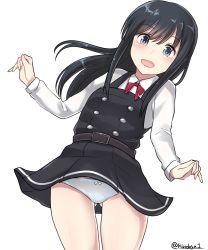 Rule 34 | 1girl, absurdres, asashio (kancolle), belt, belt buckle, black belt, black dress, black hair, blue eyes, bow, bow panties, buckle, collared shirt, commentary request, dress, gluteal fold, hair between eyes, highres, kantai collection, kiritto, leaning to the side, long sleeves, looking at viewer, one-hour drawing challenge, open mouth, panties, pantyshot, pinafore dress, red ribbon, ribbon, shirt, simple background, sleeveless, sleeveless dress, solo, standing, twitter username, underwear, white background, white panties, white shirt