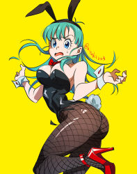 Rule 34 | 1girl, animal ears, aqua eyes, ass, black leotard, black pantyhose, blue eyes, blush, bow, bowtie, breasts, bulma, cleavage, curvy, detached collar, dragon ball, dragon ball (classic), fake animal ears, fishnet pantyhose, fishnets, full body, high heels, highleg, highleg leotard, huge ass, kneeling, large breasts, leotard, long hair, looking at viewer, nirak, open mouth, pantyhose, playboy bunny, rabbit ears, rabbit tail, red bow, red bowtie, red footwear, shiny clothes, shiny skin, simple background, solo, strapless, strapless leotard, sweat, tail, teeth, upper teeth only, wide hips, wrist cuffs, yellow background