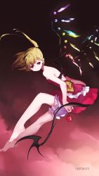 Rule 34 | 1girl, adapted costume, artist name, backless dress, backless outfit, bare arms, bare legs, bare shoulders, barefoot, blonde hair, bloomers, bow, breasts, cloud, commentary request, crystal, dress, flandre scarlet, food, fruit, full body, holding, holding food, holding fruit, laevatein (tail), long hair, looking at viewer, namauni, no headwear, pointy ears, red bow, red dress, red eyes, short dress, side ponytail, small breasts, smile, solo, tail, thighs, touhou, underwear, white bloomers, wings
