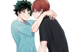 Rule 34 | 2boys, black shirt, boku no hero academia, burn scar, closed mouth, commentary request, eye contact, facing another, freckles, from side, green eyes, green hair, grey eyes, happy, highres, hug, looking at another, male focus, midoriya izuku, miyanami 3, multicolored hair, multiple boys, red hair, scar, scar on arm, scar on face, shirt, short hair, short sleeves, simple background, smile, todoroki shouto, two-tone hair, upper body, white background, yaoi