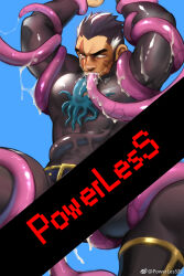 Rule 34 | 1boy, arm up, bara, black bodysuit, bodysuit, defeat, feet out of frame, highres, long sideburns, male focus, mature male, multicolored hair, muscular, muscular male, original, partially blind, powerlesssong, short hair, sideburns, solo, spread legs, streaked hair, superhero costume, tearing up, tentacle in mouth, tentacle pit, tentacles, tentacles on male