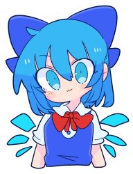Rule 34 | 1girl, :3, bad id, bad twitter id, blue bow, blue dress, blue eyes, blue hair, bow, breasts, cirno, closed mouth, collared shirt, dress, hair between eyes, hair bow, highres, ice, ice wings, neck ribbon, op na yarou, pinafore dress, puffy short sleeves, puffy sleeves, red ribbon, ribbon, shirt, short hair, short sleeves, simple background, sleeveless dress, small breasts, solo, touhou, white background, white shirt, wings