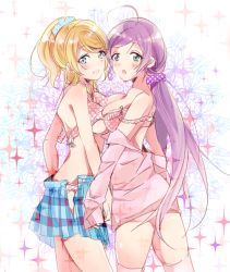 Rule 34 | 10s, 2girls, ahoge, aqua eyes, arihara (arhr0), ayase eli, bare shoulders, blonde hair, blue eyes, blush, bra, bra lift, breast press, breasts, cleavage, clothes down, gradient background, green eyes, long hair, long sleeves, looking at viewer, love live!, love live! school idol project, multiple girls, open clothes, open mouth, open skirt, panties, parted lips, pink bra, pink panties, polka dot, polka dot bra, polka dot panties, ponytail, purple hair, scrunchie, skirt, smile, sparkle, standing, symmetrical docking, tojo nozomi, underwear, undone bra, undressing, very long hair, yuri