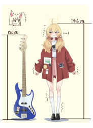 Rule 34 | 2girls, absurdres, ahoge, animal ears, annoyed, arrow (symbol), bass guitar, black footwear, blonde hair, blue archive, blush, cat ears, closed mouth, collarbone, fender jazz bass, hair ribbon, halo, height difference, high-waist skirt, highres, instrument, jacket, kazusa (blue archive), laughing, loafers, long sleeves, low twintails, measuring, medium hair, motion lines, multiple girls, narrowed eyes, official alternate costume, open clothes, open jacket, pink skirt, pleated skirt, print shirt, red jacket, red ribbon, ribbon, shirt, shoes, short hair, skirt, socks, solo focus, stretching, suecovsky, t-shirt, trembling, twintails, white shirt, white socks, yellow eyes, yoshimi (band) (blue archive), yoshimi (blue archive)