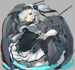 1girl anchor_symbol black_headband black_sailor_collar blue_eyes blush bodysuit breasts cape chou-10cm-hou-chan_(suzutsuki&#039;s) clothes_writing gloves grey_background grey_cape grey_eyes grey_hair hachimaki hair_between_eyes headband highres kantai_collection long_hair looking_at_viewer medium_breasts neckerchief one_side_up pleated_skirt rigging sailor_collar school_uniform serafuku signature skirt smile solo sunday_aki suzutsuki_(kancolle) torpedo_tubes turret white_bodysuit white_hair white_headband white_neckerchief white_skirt