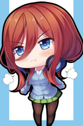 Rule 34 | 1girl, black pantyhose, blue cardigan, blue eyes, blush, brown eyes, brown hair, cardigan, chibi, clenched hands, closed mouth, collared shirt, commentary request, euforia, go-toubun no hanayome, green skirt, hair between eyes, headphones, headphones around neck, long hair, lowres, nakano miku, pantyhose, pleated skirt, pout, shirt, skirt, white shirt