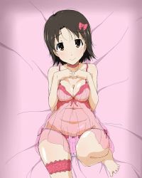 Rule 34 | 10s, 1girl, barefoot, bed sheet, blush, bow, bow panties, breasts, bridal garter, brown eyes, brown hair, chemise, cleavage, closed mouth, commentary request, from above, girls und panzer, hair bow, hands on own chest, leg up, lingerie, looking at viewer, lying, medium breasts, nana (manaita koumuten), narrow waist, navel, on back, on bed, panties, parted bangs, pink bow, pink panties, sawa azusa, see-through, short hair, side-tie panties, smile, solo, underwear, wide hips