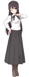 Rule 34 | 1girl, black hair, black skirt, blue eyes, boots, breasts, brown footwear, character request, check character, cross-laced footwear, full body, hand on own hip, lace-up boots, long hair, long skirt, long sleeves, medium breasts, melty blood, one eye closed, shirt, shiseki hirame, shoes, simple background, skirt, smile, solo, split mouth, tohno akiha, tsukihime, white background, white shirt