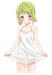 Rule 34 | 1girl, absurdres, bare arms, bare shoulders, blush, breasts, cleavage, closed mouth, collarbone, cropped legs, dress, gluteal fold, green eyes, green hair, highres, looking at viewer, low twintails, morinaka kazaki, nijisanji, no panties, see-through, see-through silhouette, short twintails, skirt hold, sleeveless, sleeveless dress, small breasts, solo, standing, sweat, twintails, virtual youtuber, white dress, yotsugi