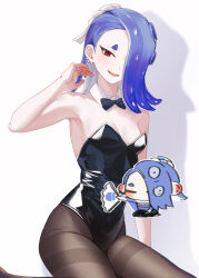 Rule 34 | 1girl, bare shoulders, black bow, black leotard, blue hair, bow, breasts, chibi, chibi inset, cleavage, collar, commentary request, detached collar, folding fan, hair over one eye, hand fan, hd rock, highres, korean commentary, leotard, medium hair, nintendo, open mouth, pantyhose, playboy bunny, red eyes, shiver (splatoon), simple background, sitting, small breasts, solo, splatoon (series), splatoon 3, teeth, tentacle hair, upper teeth only, white background, white collar