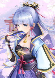 Rule 34 | 1girl, absurdres, armor, ayaka (genshin impact), blue hair, blunt bangs, breastplate, breasts, cherry blossoms, cleavage, covering own mouth, dress, genshin impact, hair ornament, half-closed eyes, hand fan, highres, holding, holding fan, japanese clothes, ponytail, sidelocks, solo, tiyu, vambraces
